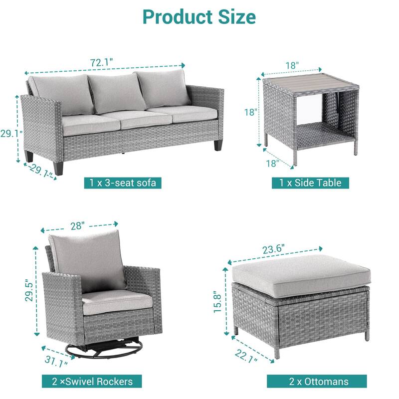BONOSUKI 6Pcs Patio Swivel Rocking Sofa Set Grey Rattan w/Side Table