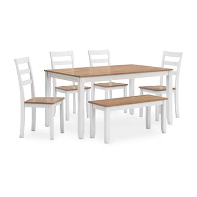 Gasy Dining Table Set with 4 Chairs, 1 Bench, White Brown Solid Wood