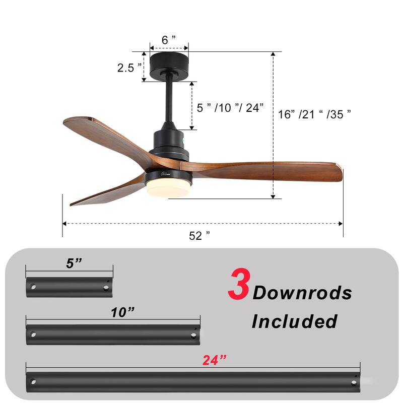 52" Farmhouse Style Wood Walnut Ceiling Fan With Lights and Remote Control, Dimmable LED Included