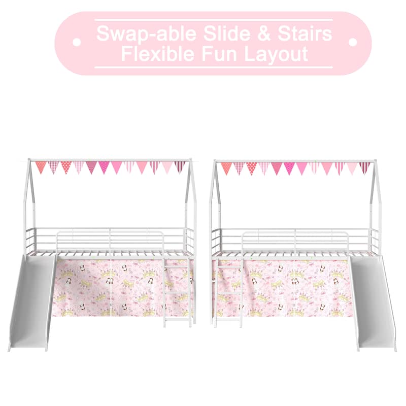 Kids' Twin Loft Bed with Slide, Curtain Set, Banner Flag, and Star Stickers in Multiple Colors