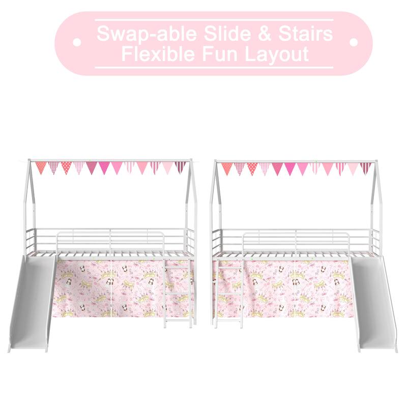 Metal Junior House Twin Loft Bed with Slide and Curtain Set and Pennant Banner Flag and Star Stickers