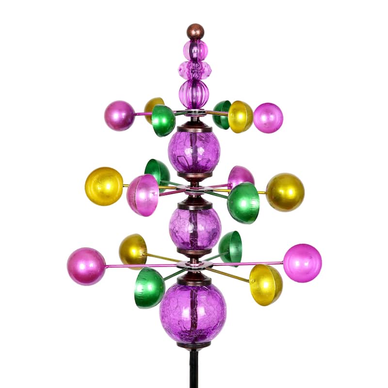 Exhart Three Tier Wind Spinner Garden Stake with Glass Crackle Balls, 14 by 48 Inches