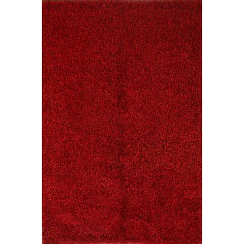 Red Solid Shaggy Modern Area Rug Hand-knotted Wool Carpet - 5'5" x 7'6"