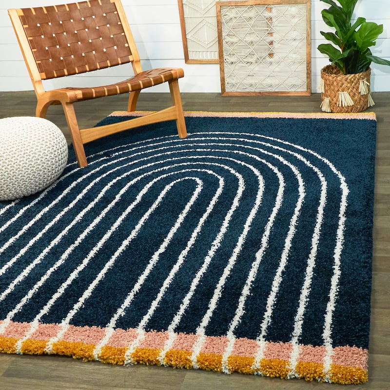 Oaklynn Contemporary Art Deco Rainbow Shag Area Rug - 7'10" x 10' - Navy - Rectangle