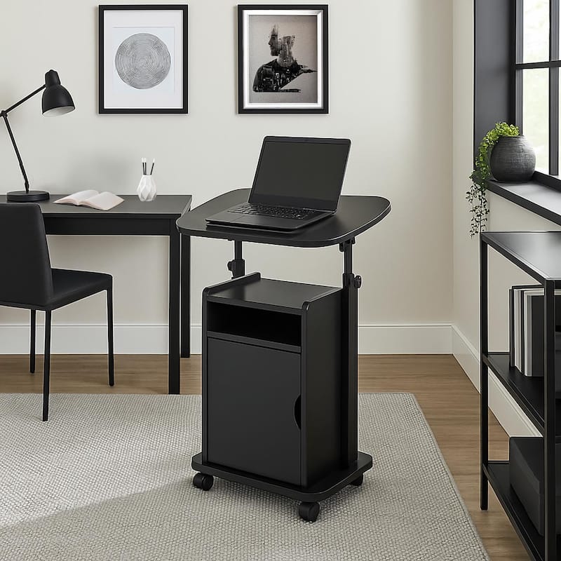 Rolling Laptop Cart Sit-to-Stand with Adjustable Height & Storage - Black