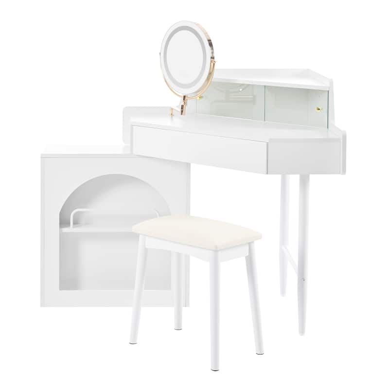 Corner Makeup Vanity Desk With Mirror & LED Lights - White