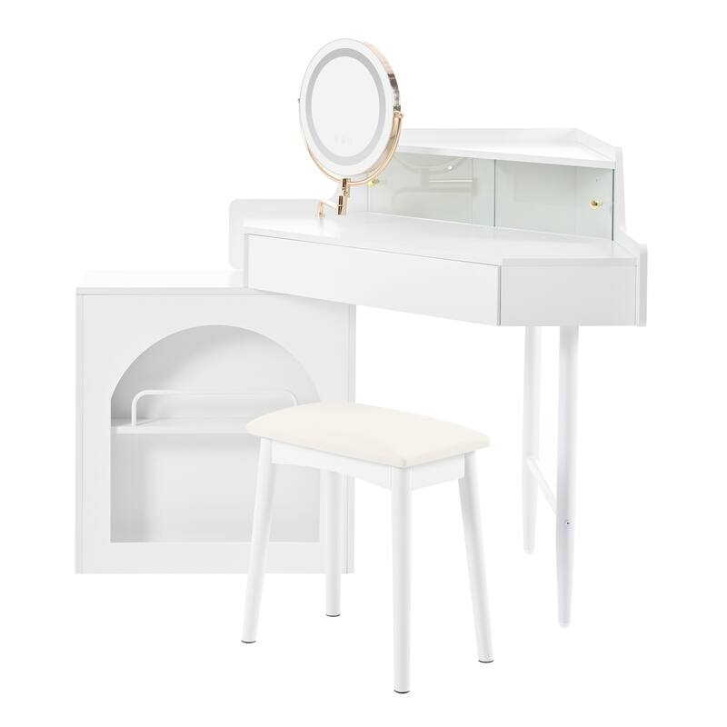 Corner Vanity Desk with Mirror & Lights, Wood Fluted Makeup Vanity Desk, Dressing Table with Large Storage Space