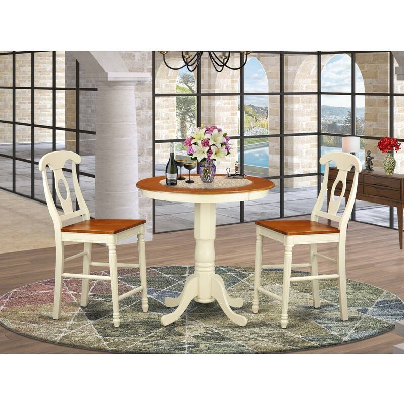 HomeStock 3-Piece Round Buttermilk and Cherry Finish Solid Wood Top Dining Table with 2 Chairs