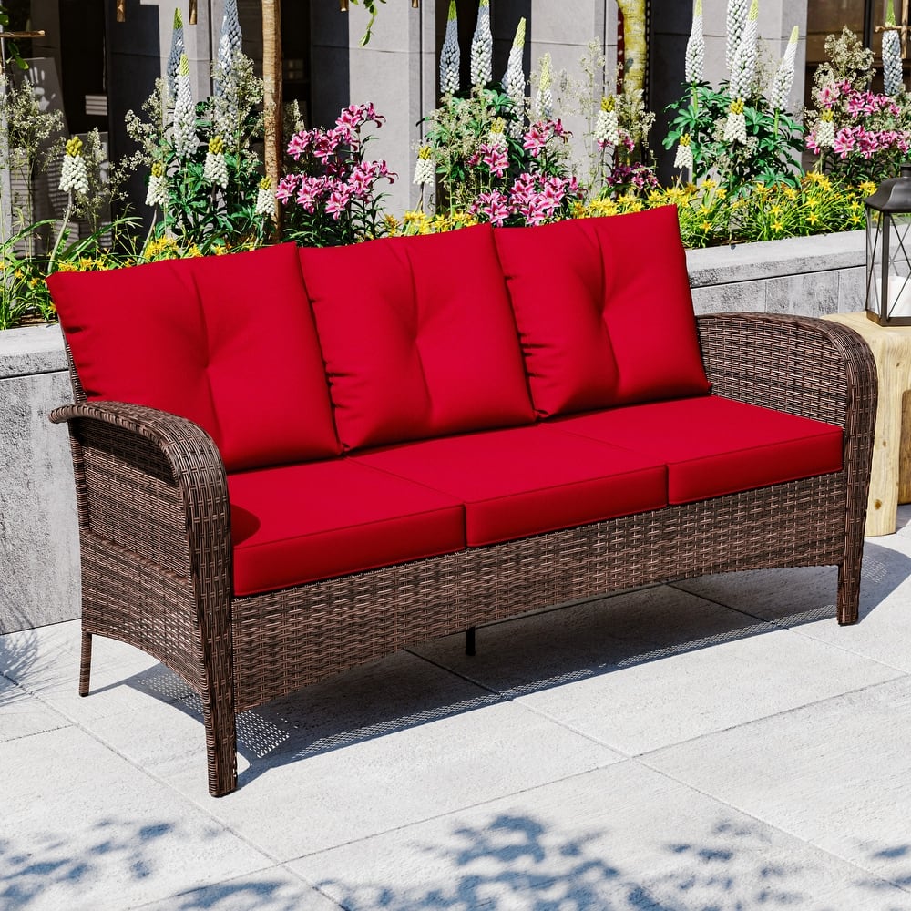 Cozywor 72"Wide 3-Seat Brown Wicker Outdoor Sofa, Couch Patio Sofa with Deep Seating and Thick Cushions, Red