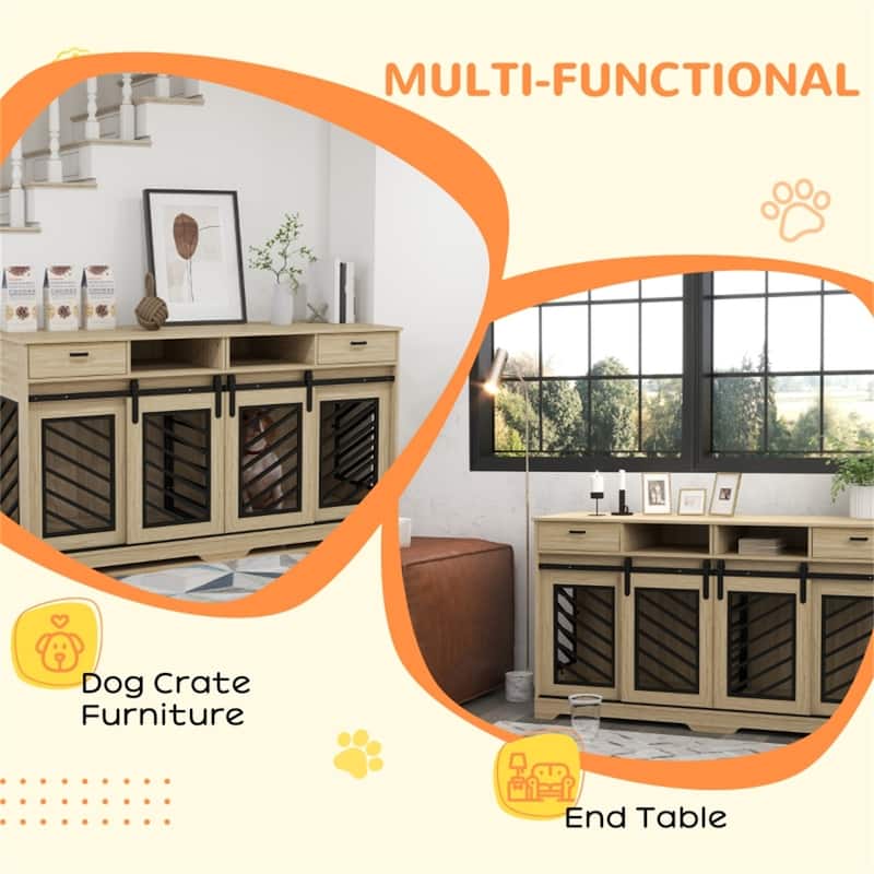 Oak Wooden Dog House and Side Table with Removable Divider and Storage Compartments - 64.2"L x 20.1"W x 25.8"H