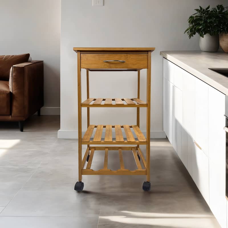 Furniture of America Elara Contemporary Natural Bamboo Kitchen Trolley with a Drawer, 2 Shelves and a Bottom Wine Rack - Natural