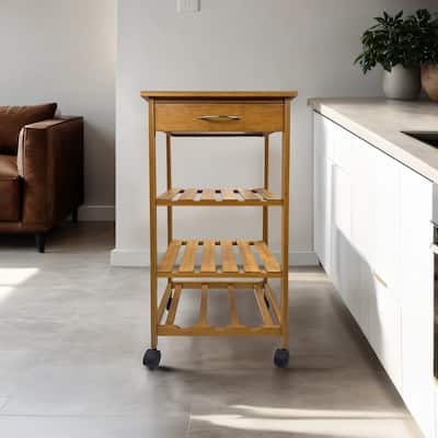 Furniture of America Elara Contemporary Natural Bamboo Kitchen Trolley with a Drawer, 2 Shelves and a Bottom Wine Rack