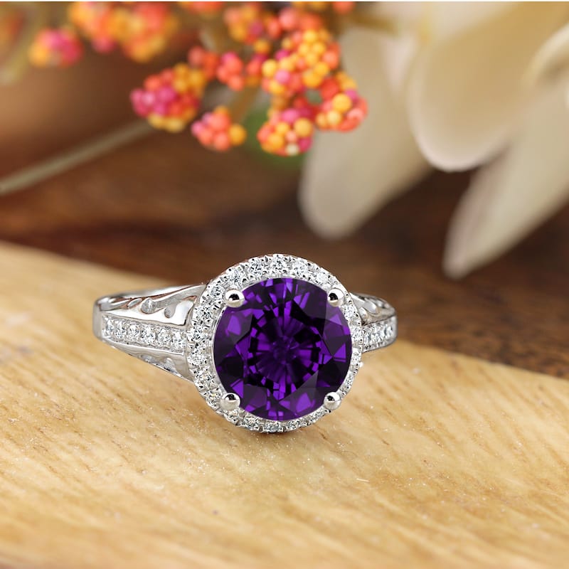 Auriya 1 1/2ct Fancy Round Purple Amethyst and Halo Diamond Engagement Ring 1/5ctw 14k Gold