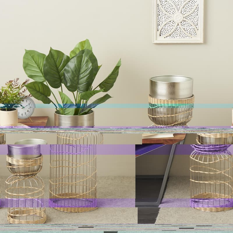 Metal Textured Dome Indoor Planter with Woven Seagrass or Rattan and Cage Rod Base - Set of 3 Gold or Silver - Roche River Decor