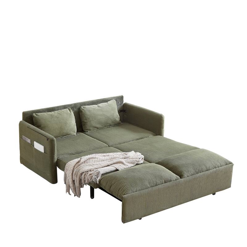 65" Corduroy 2-Seater Sleeper Sofa, 3-in-1 with Storage and Side Pocket