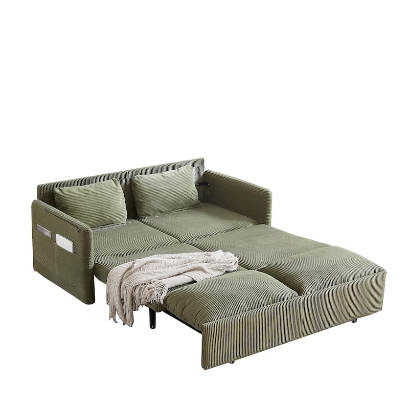 65" Corduroy 3-in-1 2-Seater Sleeper Sofa with Loveseat Side Storage Pocket, High-Density Sponge Cushions