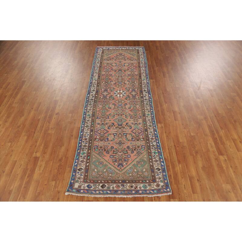 Hand Knotted Oriental 100% Wool Carpet Traditional Geometric Coral Hamedan Runner Rug - 10' 4'' X 3' 3''