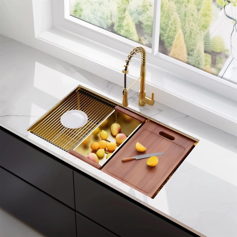 32 x 19 Inch 16 Gauge Stainless Steel Undermount Kitchen Sink - Gold