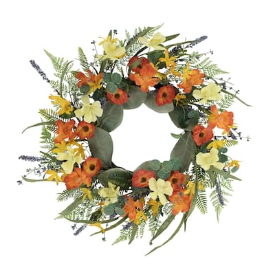24" Artificial Dogwood Poppy Daisy Floral Spring Wreath
