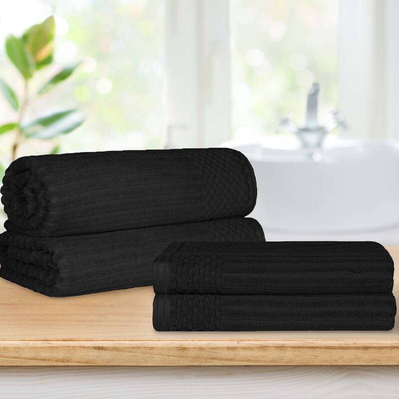 Superior Ribbed Cotton Absorbent Heavyweight Bath Sheet and Bath Towel Set - Black