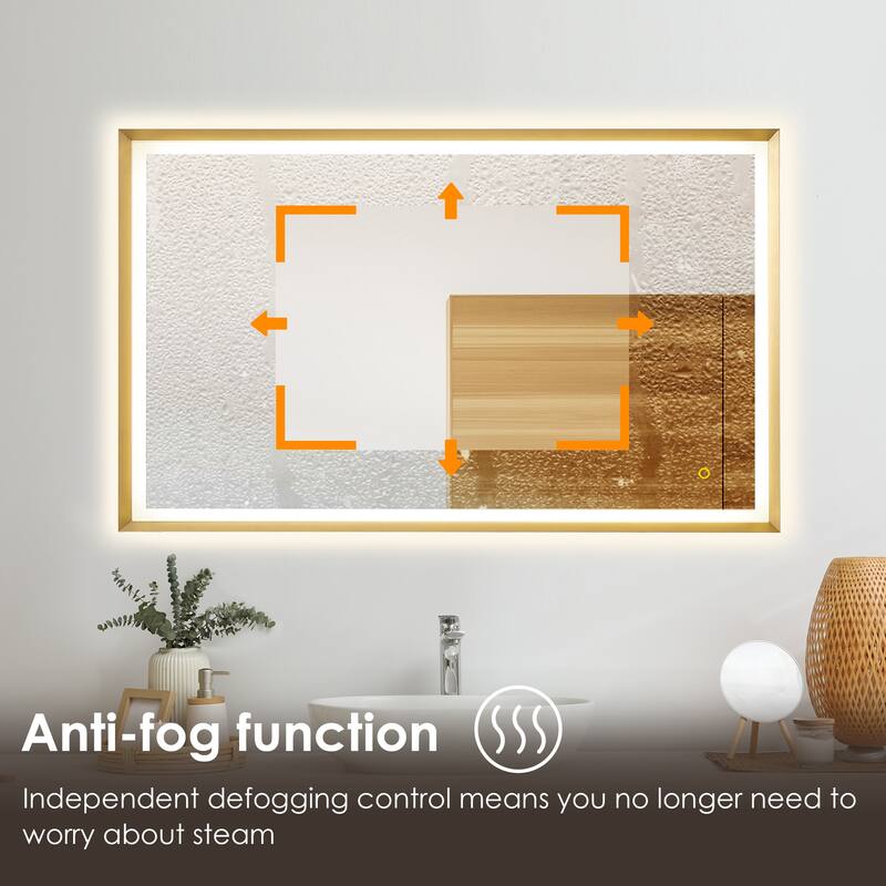 Apollo Rectangular Anti-Fog Dimmable Modern Bathroom/Vanity LED Lighted Wall Mirror in Brushed Gold Aluminum Framed