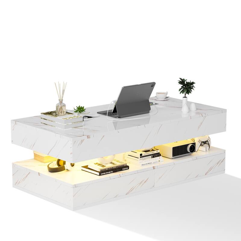 Pocassy Double-Layer Center Tables with LED Light 47.2 Inch