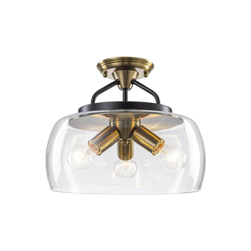 13" W 3-Light Modern Industrial Black Metal Semi-flush Mount Ceiling Light with Clear Dome Glass
