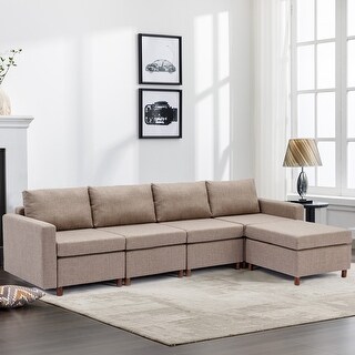 L-shape Linen Fabric Sectional Sofa Set 4 Seat Module Couch Set with ...