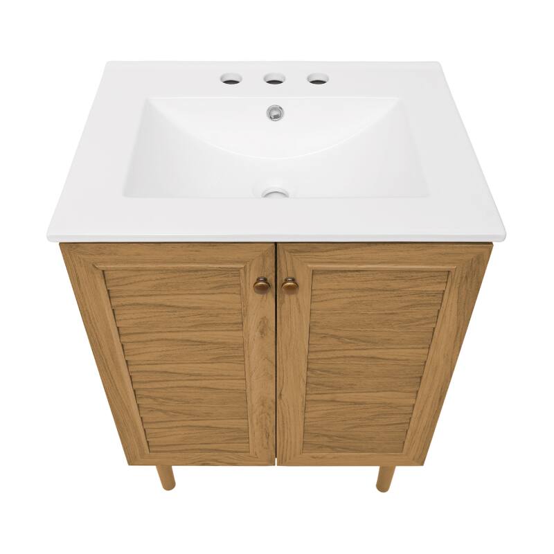 Bron 24 In. Brown Oak Bathroom Vanity With White, 3-Hole Ceramic Sink Top