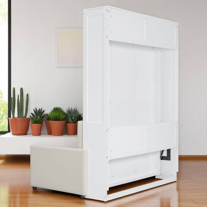 Full/Queen Size Murphy Bed Wall Bed with Sofa & Storage, Foldable Space-Saving Design with Cushion