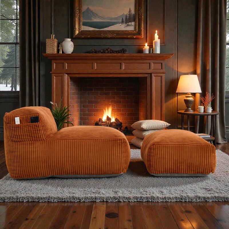 Large Memory Foam Bean Bag Chair for Adults, Corduroy Lounger Sofa with Ottoman