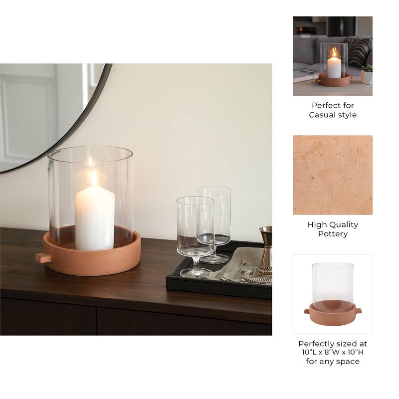 Modern Glass Hurricane Candle Holder with Terracotta Base - 10"