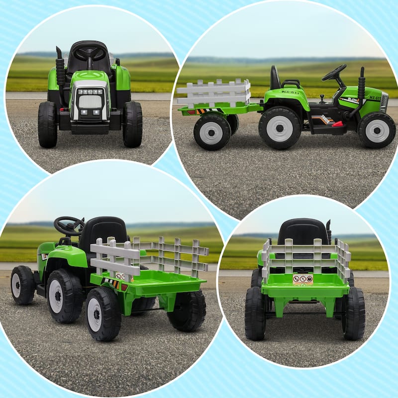 Aosom 12V Ride on Tractor with Trailer, 25W Dual Motors, Battery Powered Electric Tractor with Remote Control