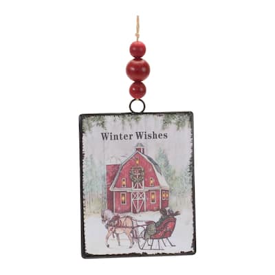 "Winter Wishes" Barn Christmas Tag Ornaments - 6.25" - 12ct