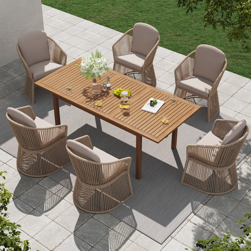 Extendable Wood Outdoor Dining Table Set with 6 PE Wicker Chairs