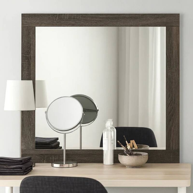 Transitional Style Grained Wood Encased Square Mirror, Gray
