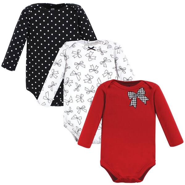 slide 1 of 1, Hudson Baby Infant Girl Cotton Long-Sleeve Bodysuits, Winter Bows 3-Pack 0-3 Months - Winter Bows 3-Pack