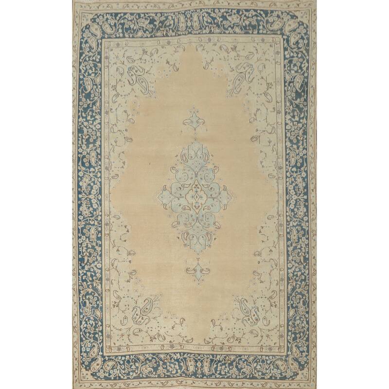 Hand Knotted Oriental 100% Wool Carpet Traditional Floral Beige & Ivories Kerman Area Rug - 9' 10'' X 6' 9''