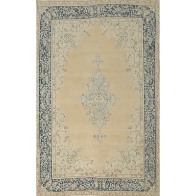 Hand Knotted Oriental 100% Wool Carpet Traditional Floral Beige & Ivories Kerman Area Rug - 9' 10'' X 6' 9''
