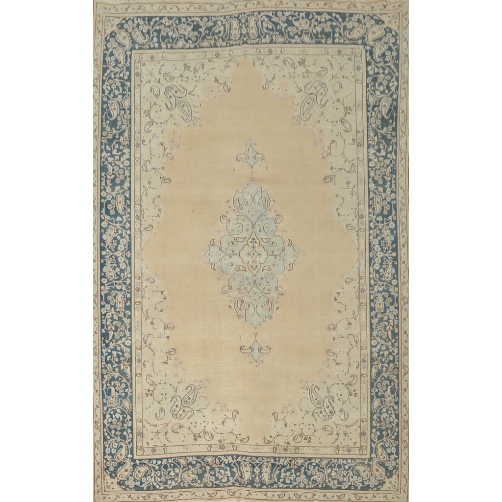 Hand Knotted Oriental 100% Wool Carpet Traditional Floral Beige & Ivories Kerman Area Rug - 9' 10'' X 6' 9''