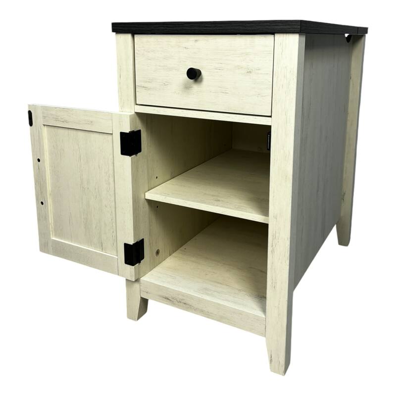 Farmhouse Night Stand with Charging Station, Barn Door, and Drawer for Bedroom or Living Room