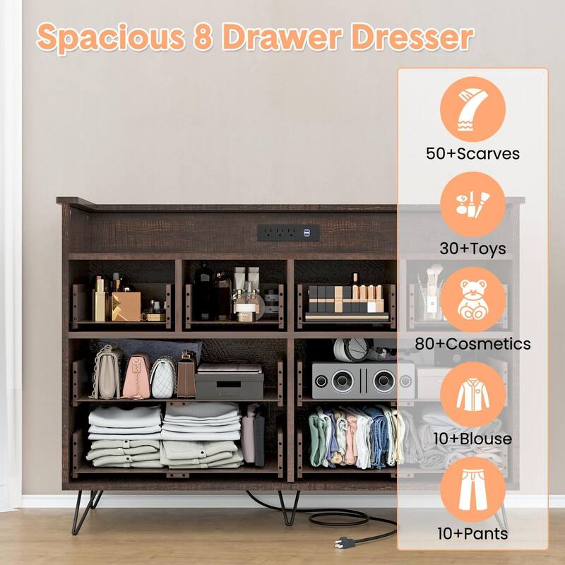 8 Drawer Wood Dresser, with Power Outlet and LED Lights