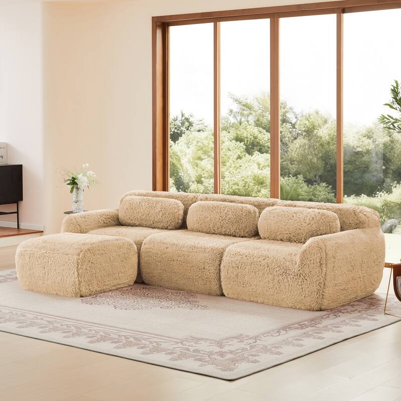 L-Shaped Boneless Sectional Sofa Set with Ottoman, Throw Pillows, 32D High-Density Sponge, No Assembly Required