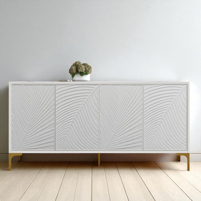 Modern 4-Door Sideboard with Carved Texture, Adjustable Shelves, Wood Veneer & High Gloss Finish - White