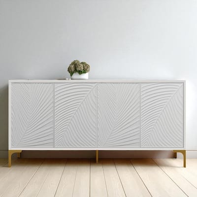 Modern 4-Door Sideboard with Carved Texture, Adjustable Shelves, Wood Veneer & High Gloss Finish