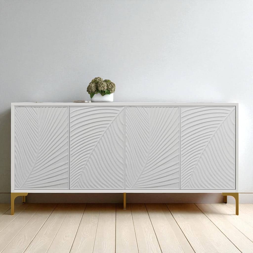 Modern 4-Door Sideboard with Carved Texture, Adjustable Shelves, Wood Veneer & High Gloss Finish