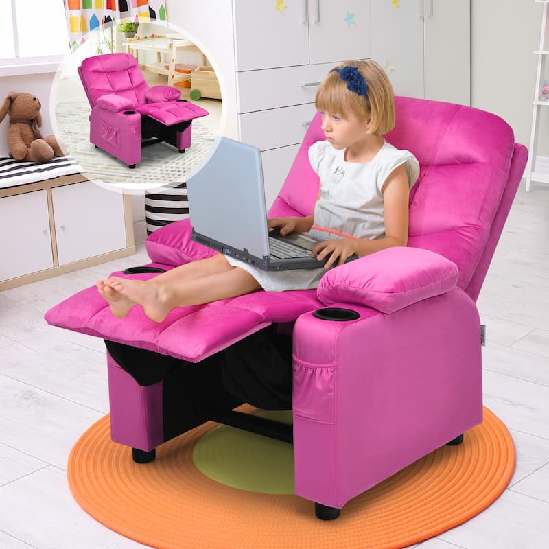 Gymax Kids Youth Recliner Chair Velvet Fabric w/Cup Holder & Side