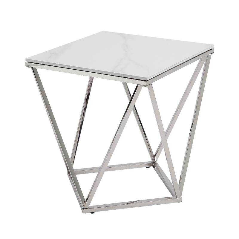 Allie End Table, White Sintered Stone, Silver Stainless Steel 21 Inch