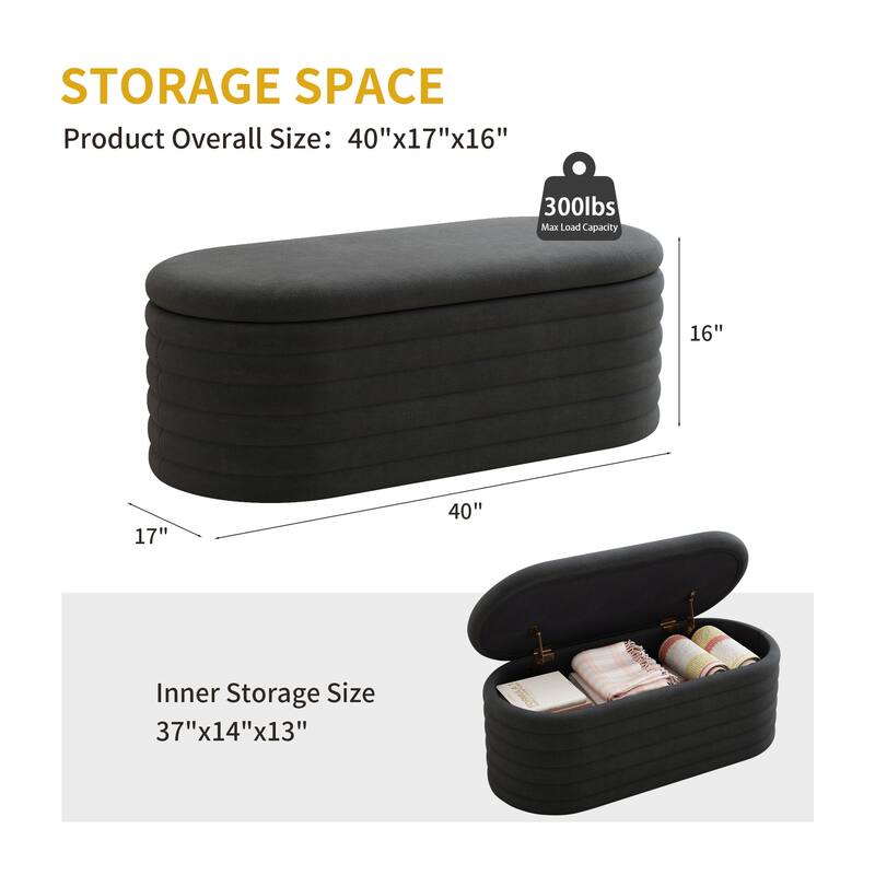 Ottoman Bench Upholstered Bench Fabric Black Storage Bench Simple End of Bed Stool with Safety Hinge