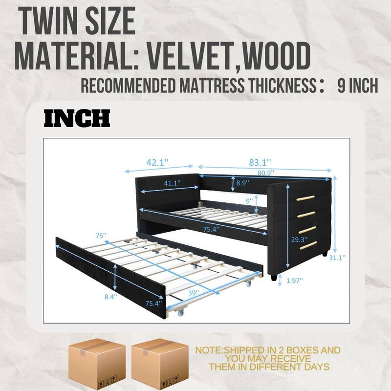 Modern Twin Size Daybed with Trundle, Upholstered Black Velvet Sofa Bed Frame with Gold Accents, Space-Saving Guest Bed